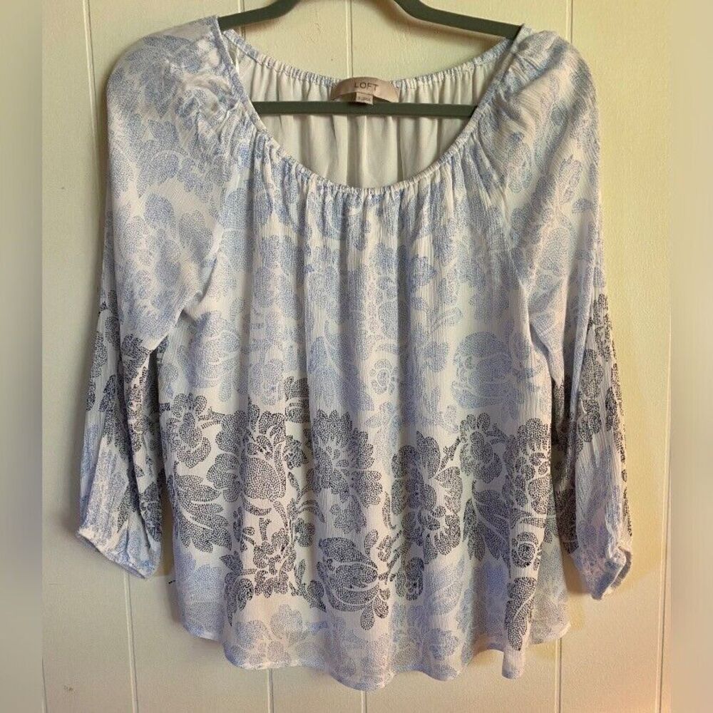 Loft Blouse Women’s Small White Abstract Floral Blue Black Boho